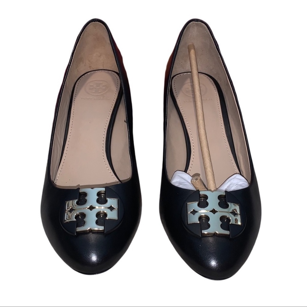 Tory Burch Luna Wedge size 7.5 black calf leather gold/worn once- new condition.